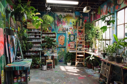 A whimsical art studio where plants grow from paint tubes, creating a jungle of colorful foliage