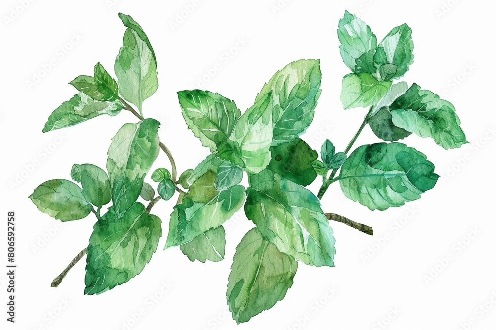 Watercolor Illustration of Fresh Mint Leaves

