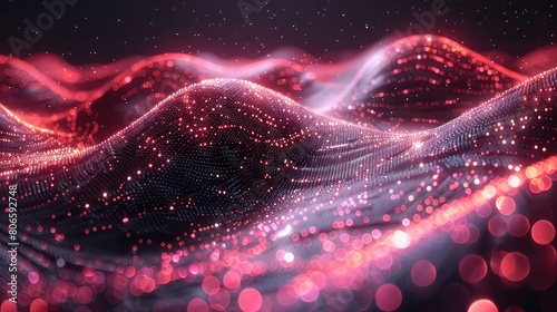 3d rendering of abstract digital landscape with flowing particles and bokeh lights background