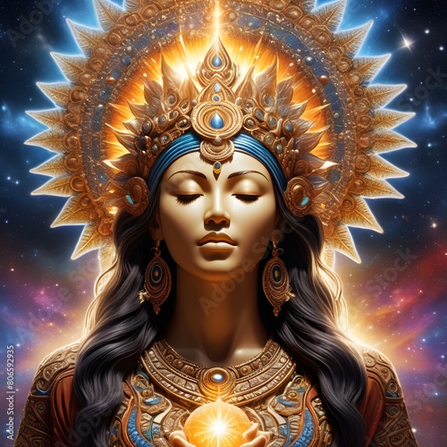 Mystical Goddess with Ornate Crown and Cosmic Background