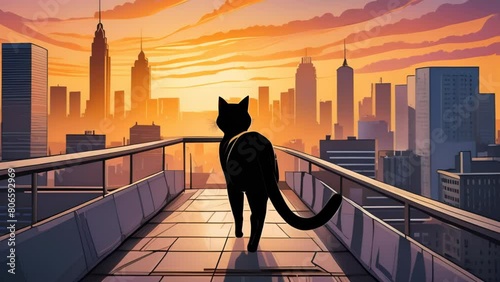 The silhouette of a black cat walks across a rooftop with a modern cityscape backdrop at sunset.  photo