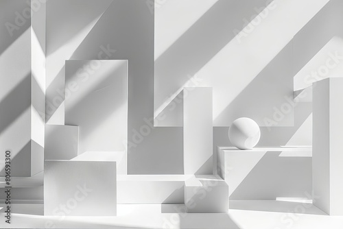An abstract arrangement of geometric shapes floating in a pristine white space, casting crisp shadows