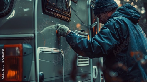 unrecognizable man is doing the maintenance of a camper trailer, He is applying a sealant around the windows and other parts of the trailer, aesthetic look photo