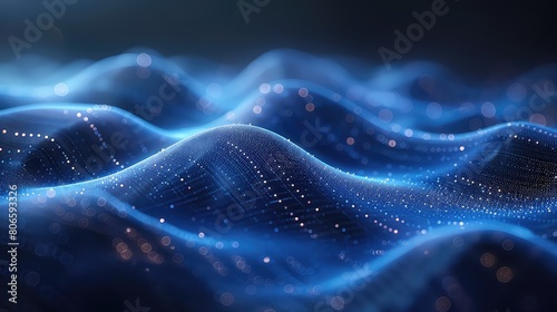 Abstract blue particles form line surface grid with depth of field and bokeh in dark background
