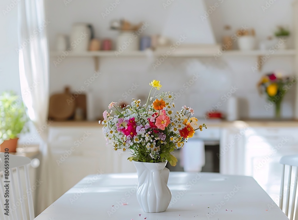 White kitchen with a white table and colorful flowers in a vase on the center of the kitchen