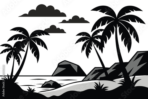 Tropical beach landscape with palm trees and rocks on the seashore cartoon vector illustration