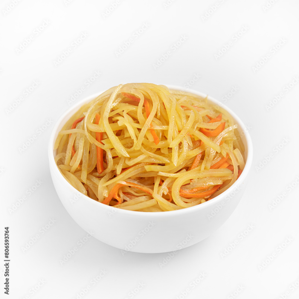 Chinese Stir Fried Shreded Potatoes on a white background, isolate Chinese Stir Fried Shreded Potatoes on a white background, isolate