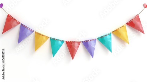 Vibrant triangle bunting flags are hanging for party decorated on white wall background. Birthday or festival concept