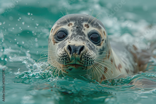 A closeup of an adorable seal, swimming gracefully in the crystal clear waters near Shetland Island's rugged coastline. The sea is sparkling with light blue hues. Created with Ai