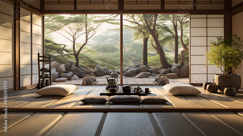 Serene meditation room with tatami mats, shoji screens, and a minimalist zen garden,