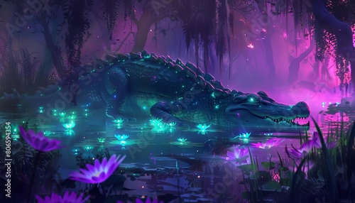 An ancient spirit haunts the neon swamp, seeking revenge on the cyberpunk alligator that corrupted the glowing lilies