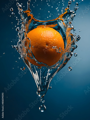 Orange splash. An orange colored fruit splashing into clear blue water, creating droplets and ripples