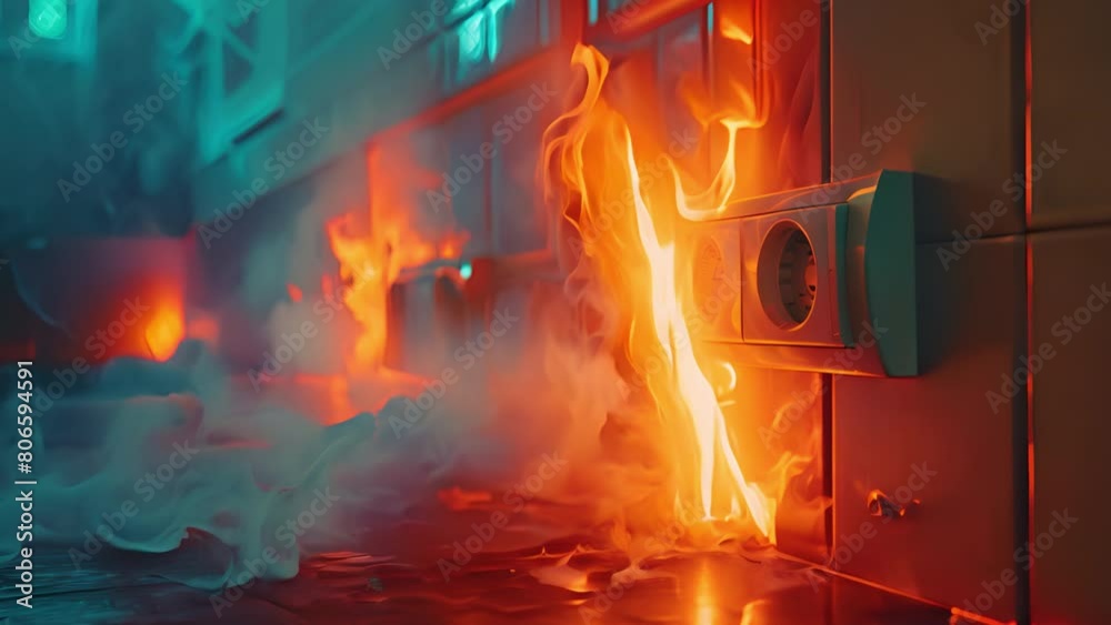 Home electric wire plug in indoor in fire caused by a short circuit ...