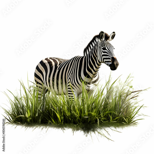 Cutout of an isolated zebra grazing grass with the transparent png background png on white background