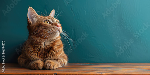 A ginger cat looking up in a macro photography with a teal background in a studio shot with a side view. Created with Ai