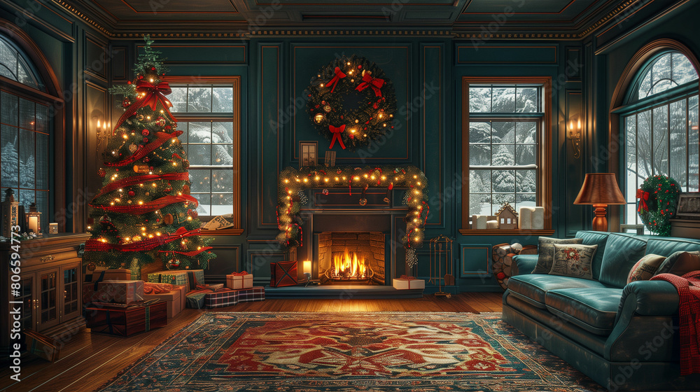 Obraz premium Festive living room decorated for christmas. Generative AI