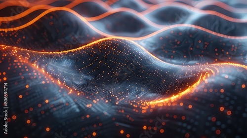 3d rendering of abstract wave particles with depth of field and bokeh background