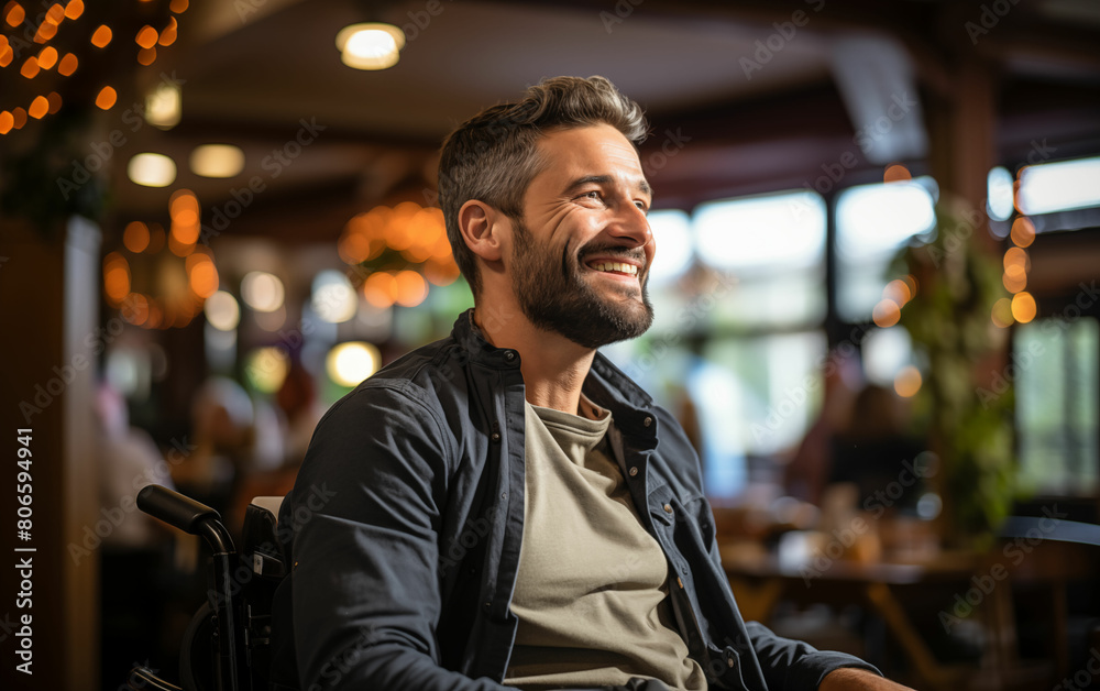Smiling man sitting in chair. Generative AI