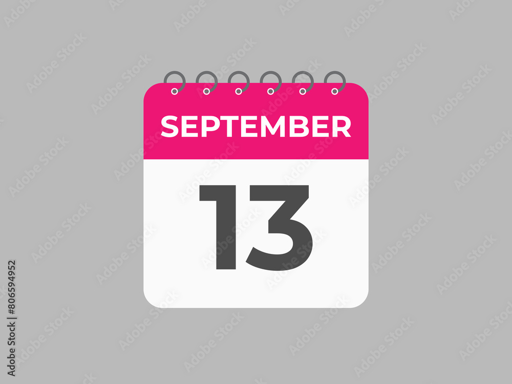 September 13 calendar reminder. 13 September daily calendar icon template. Calendar 13 September icon Design template. Vector illustration
September 13 calendar reminder. 13 September daily calendar icon template. Calendar 13 September icon Design template. Vector illustration