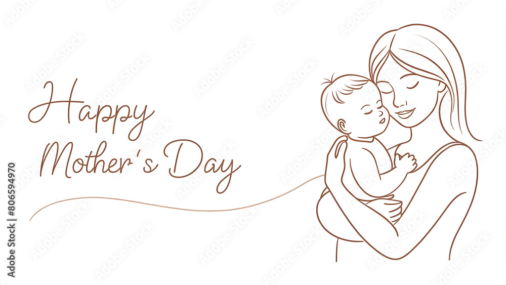 Mothers Day background with mom embracing baby and floral design Mothers Day background with mom embracing baby and floral design