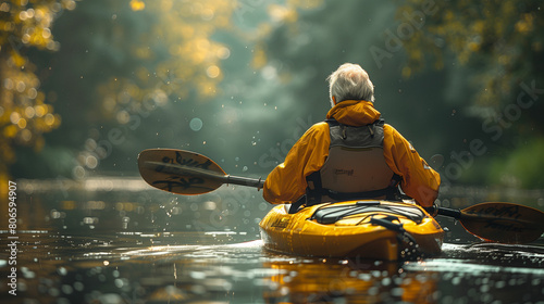 Man kayaking down river. Generative AI