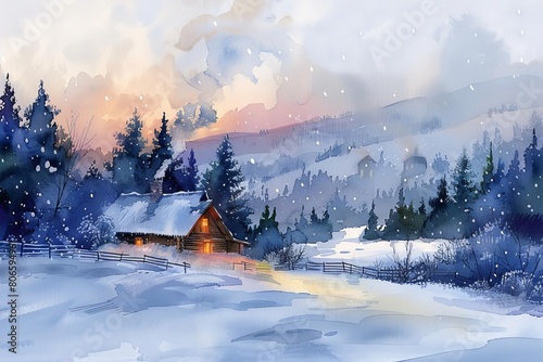 Capture a serene, snow-covered landscape with a cozy cabin in the distance, smoke gently rising from the chimney Use watercolor to convey a sense of winter tranquility