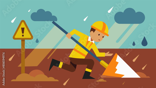 The ground is slick with rain making it difficult for workers to navigate the site without slipping or getting stuck in the mud.. Vector illustration