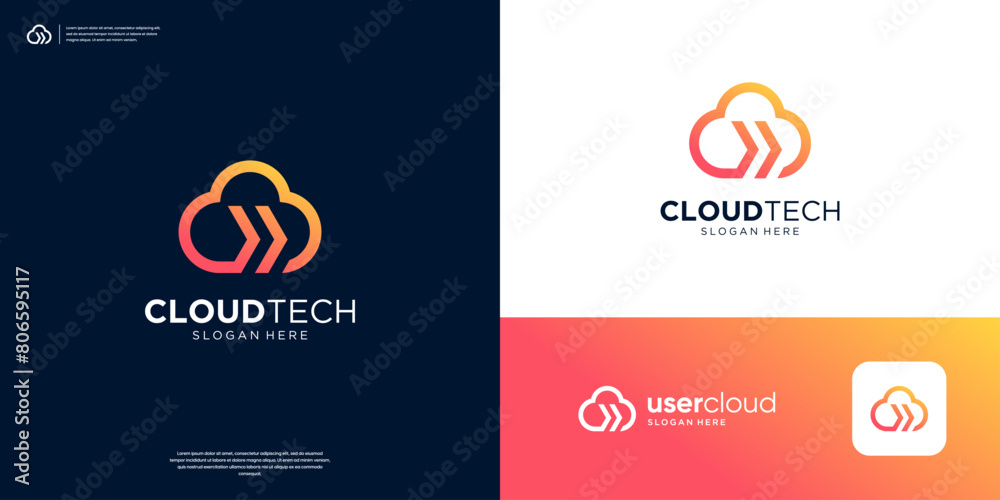 Cloud code arrow logo design template. Abstract computing code server logo vector.