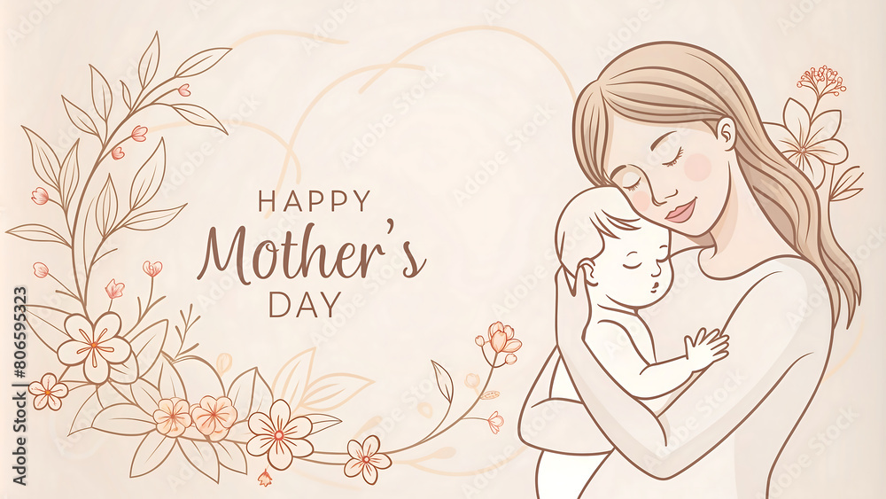 Flowers and baby in touching Mothers Day illustration with copy space