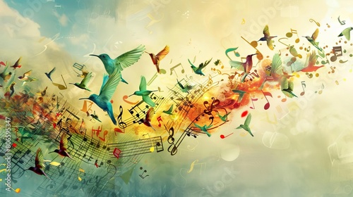 An imaginative scene of musical notes turning into colorful birds, flying out of a musicians instrument photo