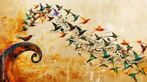 An imaginative scene of musical notes turning into colorful birds, flying out of a musicians instrument photo