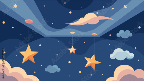 The ceiling is adorned with handpainted stars and clouds adding to the dreamy vibe of the room..