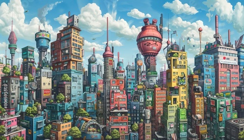 An imaginative vision of a graffiti artist painting an entire city, each stroke adding new buildings and parks photo