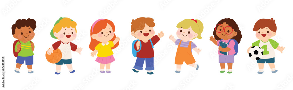 Cute kids characters vector set. Collection back to School of kindergarten, girls, boys, children with different poses, happy, smile. Back to school with kids illustration for education.