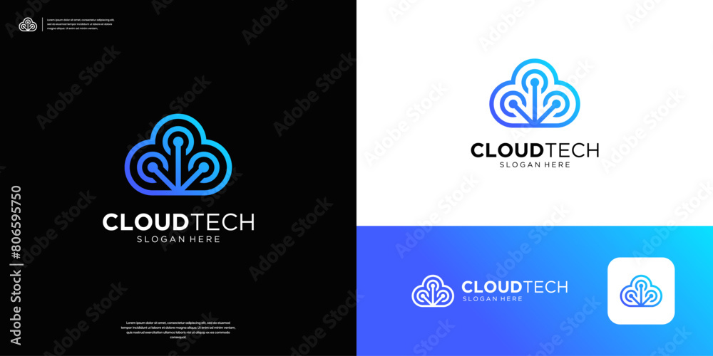 Fototapeta premium Geometric cloud tech logo line art icon. Modern computing, server, database symbol logo design.