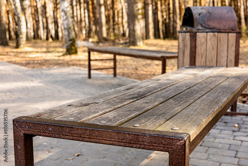 Wooden park furniture, wooden benches and wooden waste container in a public park. Long-lasting outdoor furnishing, copy space