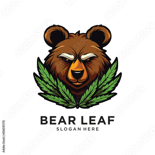 bear head with cannabis leaf logo design vector illustration