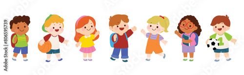 Cute kids characters vector set. Collection back to School of kindergarten, girls, boys, children with different poses, happy, smile. Back to school with kids illustration for education.