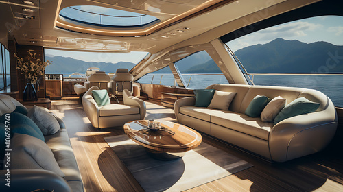 Sleek, modern yacht interior with a lounge area, nautical decor, and panoramic ocean views, photo