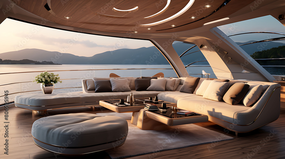 Sleek, modern yacht interior with a lounge area, nautical decor, and panoramic ocean views,