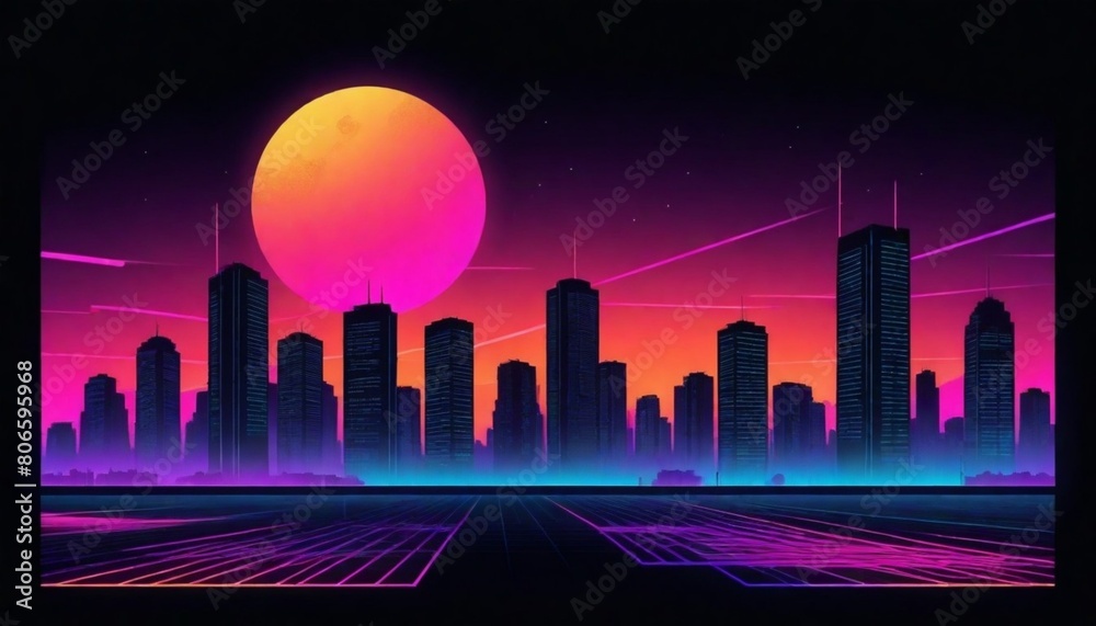Digital Painting A Retro Sunset Cityscape With Sil (12)
