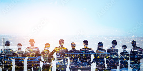 Group of multinational businesspeople and communication network concept. Wide angle visual for banners or advertisements.