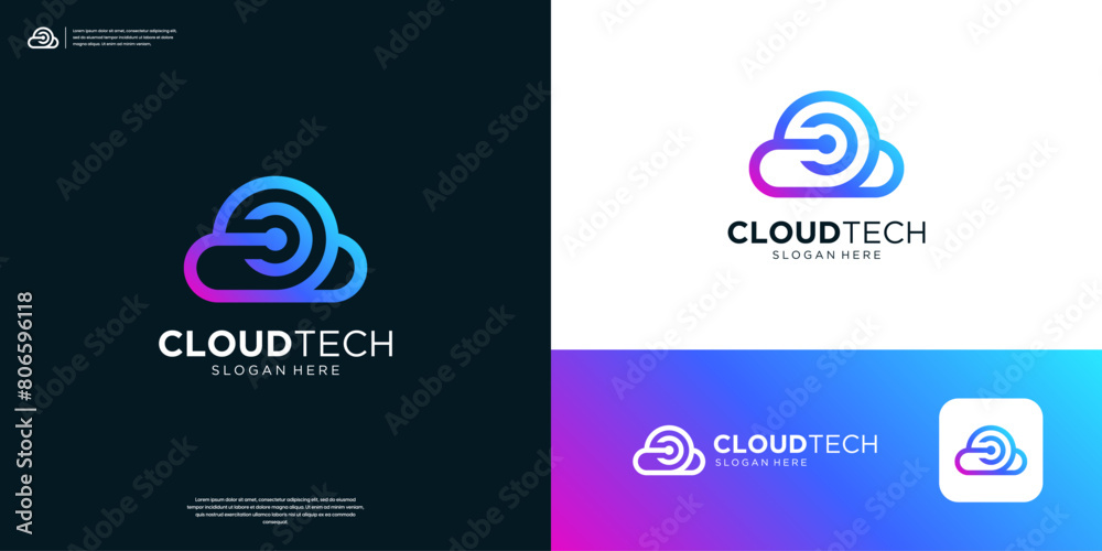 Abstract cloud tech with circuit connection logo design.