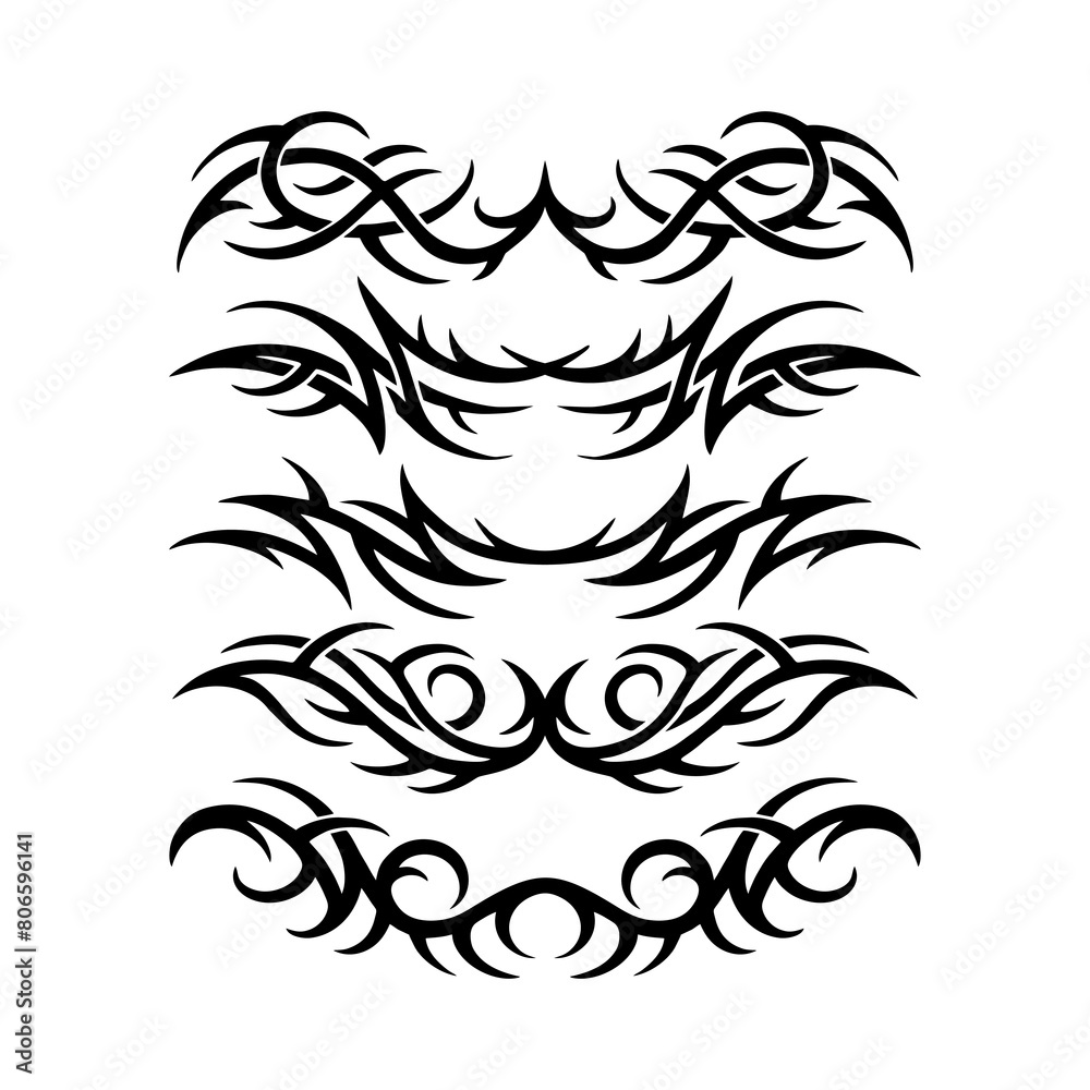 Neo tribal tattoo set, vector Celtic gothic cyber body ornament shapes kit, abstract Hawaiian sign. Neo tribal silhouette clipart
