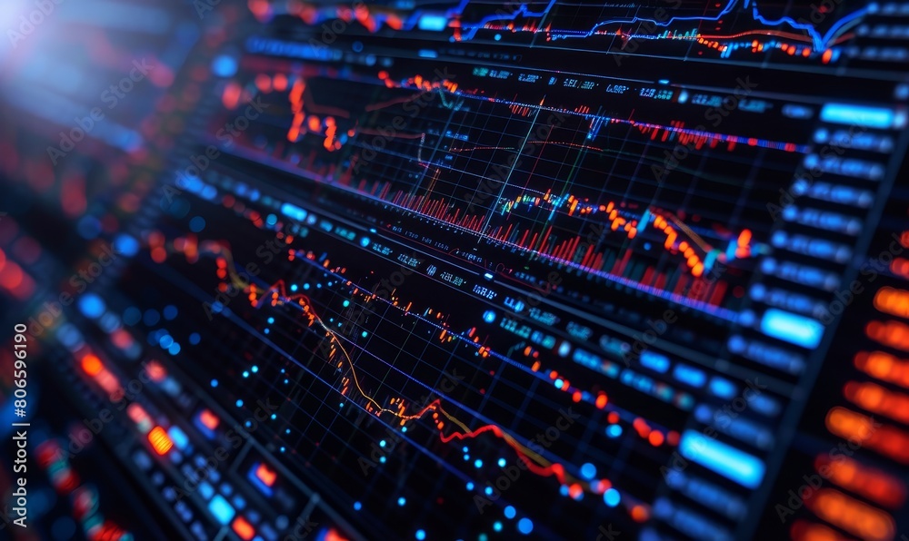 digital screen displaying real-time Bitcoin trading charts and graphs, with glowing neon lines on a dark background to represent the volatility and digital essence of cryptocurrency trading