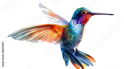 A vibrant hummingbird in mid-hover  wings blurred with speed isolated on a white transparent background