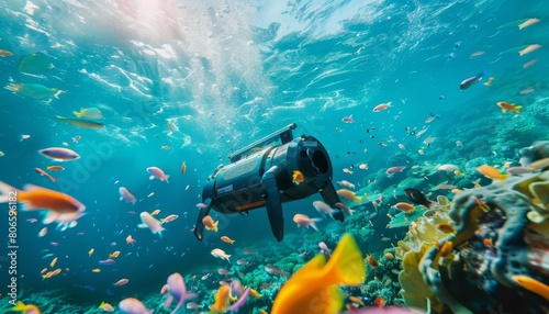 An oceancleaning robot collecting plastic waste autonomously while transmitting data to marine researchers photo