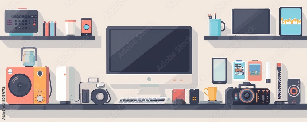 The image shows a workspace with a computer, camera and other equipment. The shelves above the desk hold books, a tablet and other items. The overall aesthetic is clean and modern. The image shows a workspace with a computer, camera and other equipment. The shelves above the desk hold books, a tablet and other items. The overall aesthetic is clean and modern.