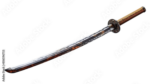 A traditional samurai sword with a detailed hilt isolated on a white transparent background photo