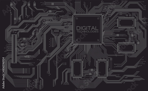 Printed circuit board of digital devices. Vector illustration. Sketch for creativity.